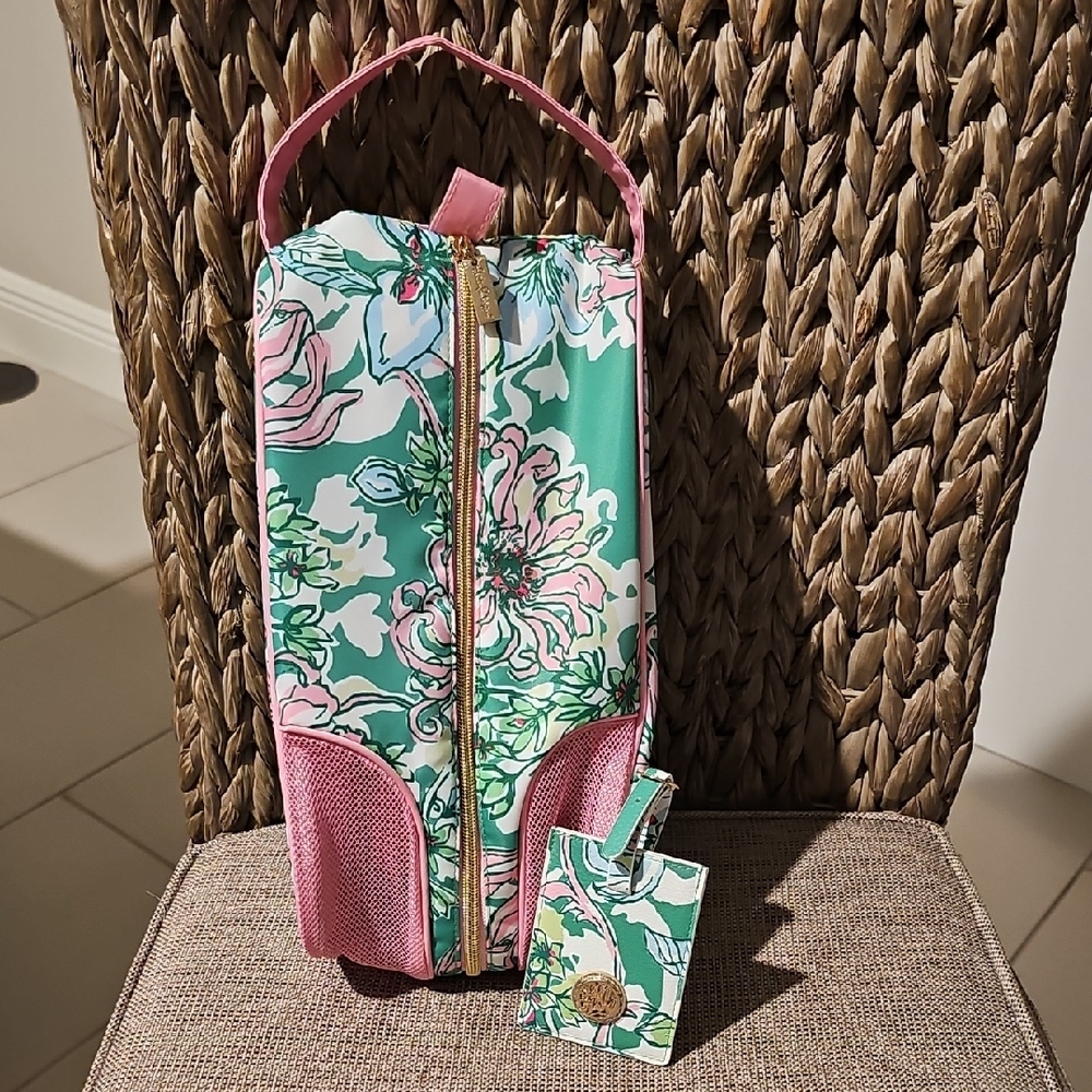 Lilly Pulitzer Floral Pink and Green Shoe Bag And Luggage Tag